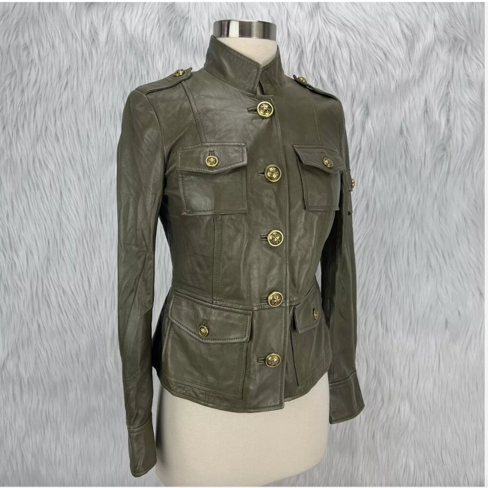Tory Burch Sergeant Pepper Olive Green BUTTER SOFT Leather Military Jacket - Picture 6 of 16